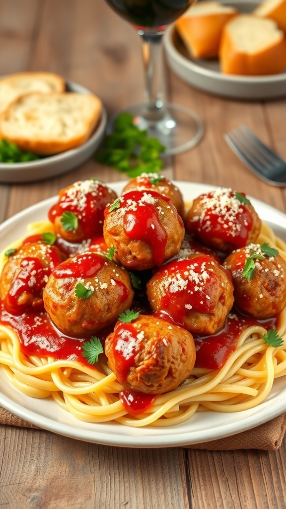 Baked Italian meatballs served over spaghetti with marinara sauce and parsley, accompanied by garlic bread.